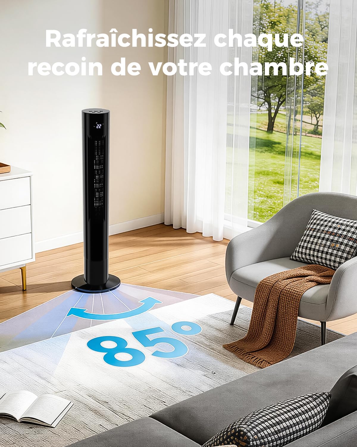 YASHE Ventilateur colonne 110 cm silencieux avec télécommande, ventilateur 28 dB sans pales, oscillation à 85°, minuterie 12 h, 3 modes et 3 vitesses, affichage LED, pour chambre et bureau
