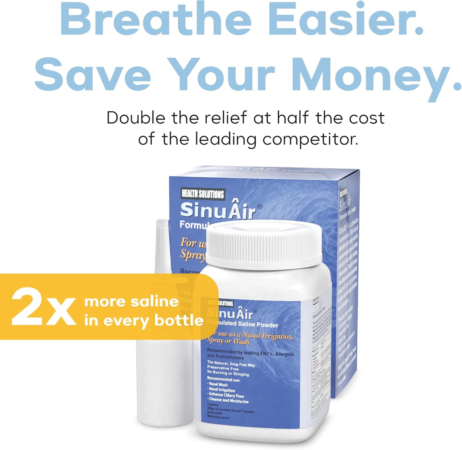 SinuAir Sinus Rinse Salt Solution - Saline Powder for SinuPulse System, Neti Pot Flush, Nasal Wash Squeeze Bottle, & Nose Irrigation, Enhanced Formulation & Cleaning for Sinuses, 200g Bottle