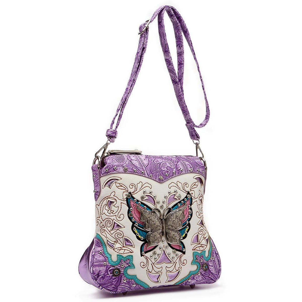 Butterfly Flower Concealed Carry Purse Women Spring Rhinestone Crossbody Handbags Single Shoulder Bag (#2 Purple Set)