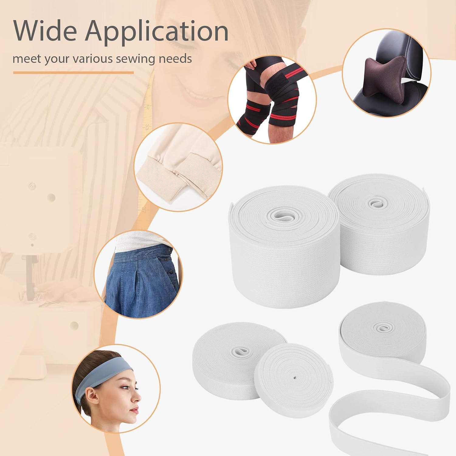 5 Rolls Elastic Band for Sewing, High Elasticity Knit Spool Band 0.4/0.6/1/1.5/2 Inch, 5.5 Yards/Roll with Sewing Clips & Tape Measure for Waistband Pants Dresses Swimwear Clothes Crafts DIY (White)