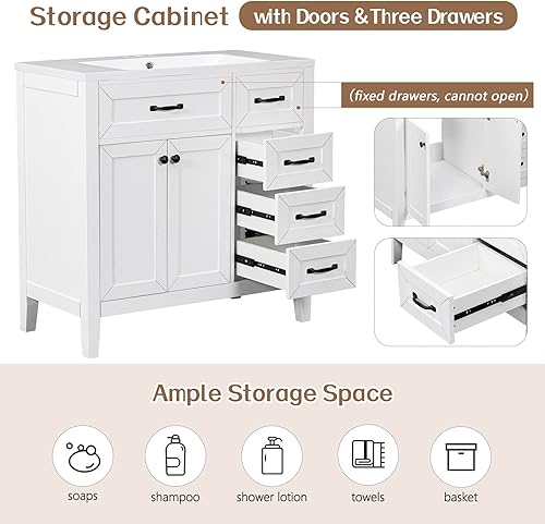 Vista 6 de Base de tocador de baño de 36 pulgadas, base de tocador de baño individual con armario de dos puertas y tres cajones, gabinete de tocador de baño