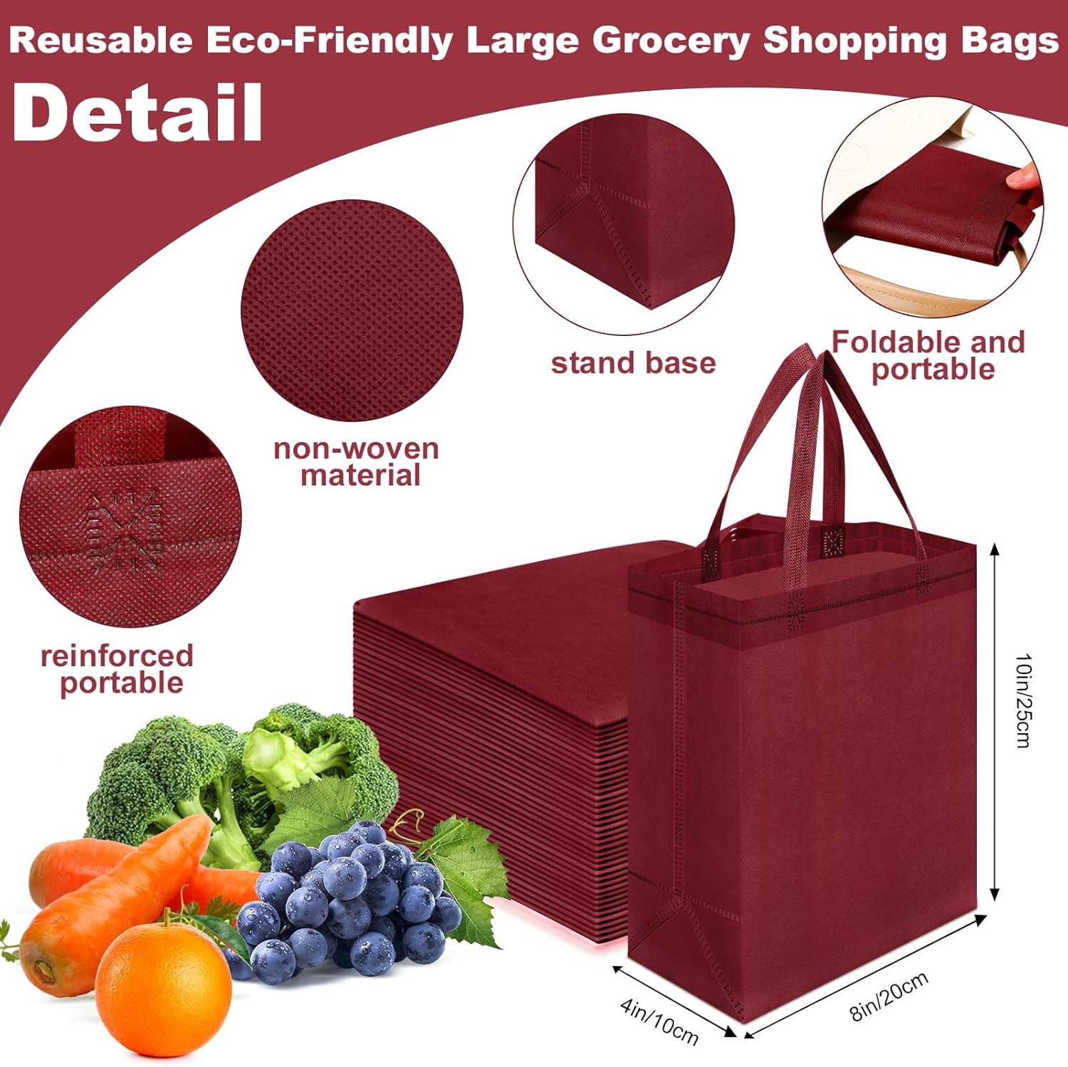 Windyun 50 Pcs Reusable Tote Bag Bulk 8 x 4 x 10 Inch Non Woven Shopping Bag with Handle Christmas Reusable Grocery Gift Tote (Wine Red) - Image 3