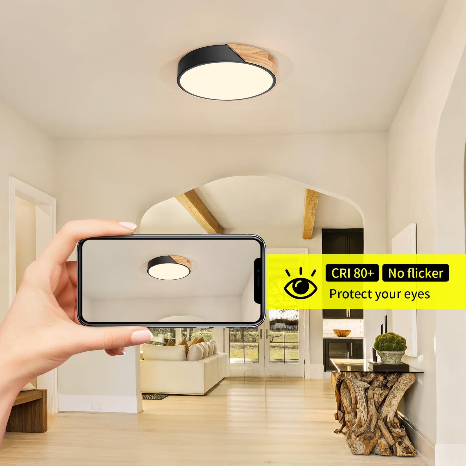 Kambo LED Deckenleuchte 24W ∅30cm, Moderne Deckenlampe Schwarz mit Holzoptik 3000K, für Wohnzimmer, Schlafzimmer, Küche, Flur, Balkon