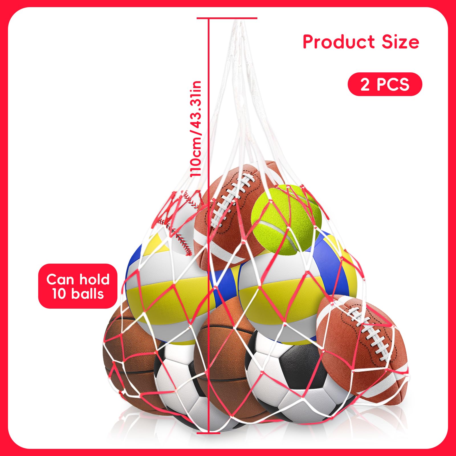 Xpieoyrm Lot De 2 Filets À Balles Portablesr, 10 Ballons Grande Capacité Sac de Transport pour Basketball, Sac en Filet de Nylon Réutilisable, Multifonction Rangement Filet Sacoche, pour Le Football