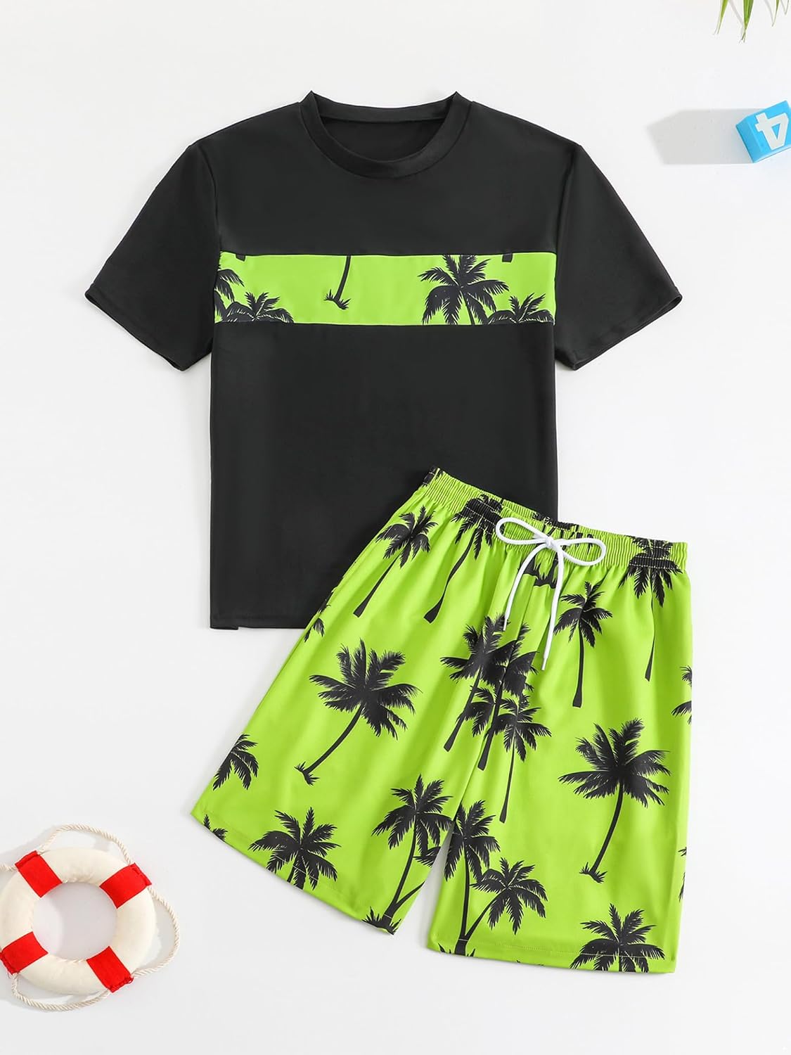 Sxiwei Kids Boys 2Pcs Swim Top with Shorts Set Bathing Suit Coconut Tree Print Rash Guard Swimsuit Beachwear