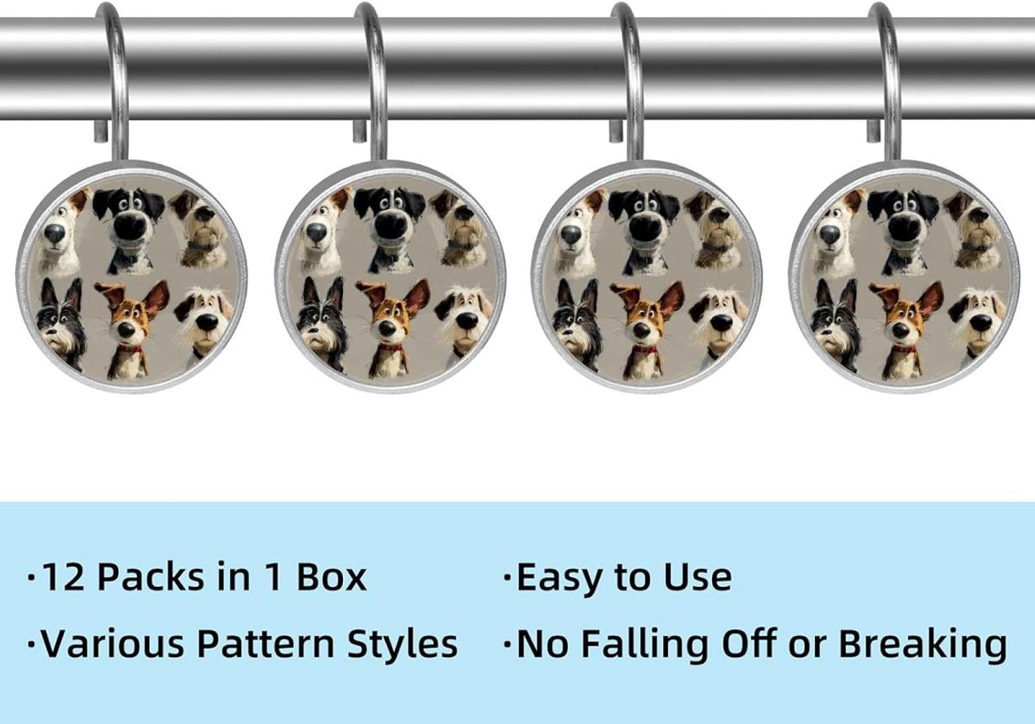 Puppy Dogs (3) Round Crystal Glass Decorative Shower Curtain Hooks with 3D Pattern Visual, Rust Proof Shower Curtain Rings-12 Pack