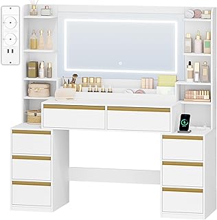 Comprar 135 cm Tocador Grande, Tocador de Maquillaje con Luz LED, Grande Espejo, Mesa de Maquillaje con Prácticas Tomas de Corriente, 8 Cajones, Estantes Abiertos Mesa, Blanco-Dorado
