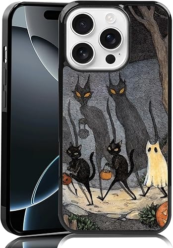 Vintage Scary Halloween Black Cat Phone Case Fit for iPhone 16 Pro — Shockproof Designed Funky Art Cute Print Phone Case Cover for Boy Girl Men Women