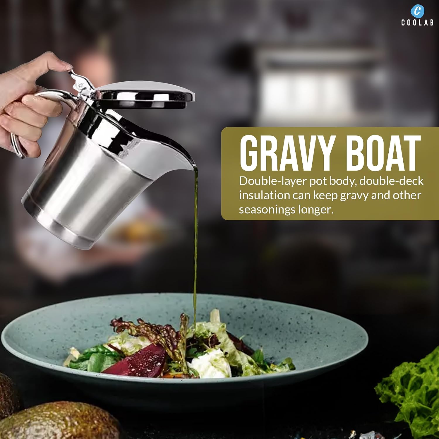 450ML Stainless Steel Gravy Boat with Lid – Double Insulated Gravy Pitcher for Hot & Cold Sauces – Elegant Sauce Boat Small Gravy Server for Steak, Turkey, and Holiday Dinners
