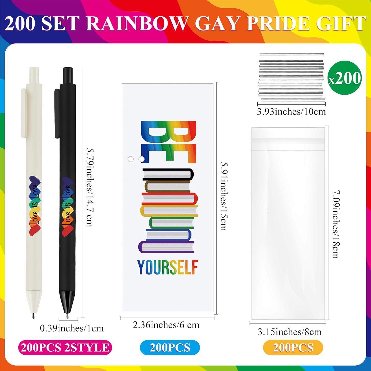 Spakon 200 Sets Rainbow Gay Pride Gift Include Retractable Writing Ballpoint Pen Paper LGBT Greeting Cards OPP Bags for Lesbian Pride Month Love Is Love Anniversaries Women Men Office Supplies