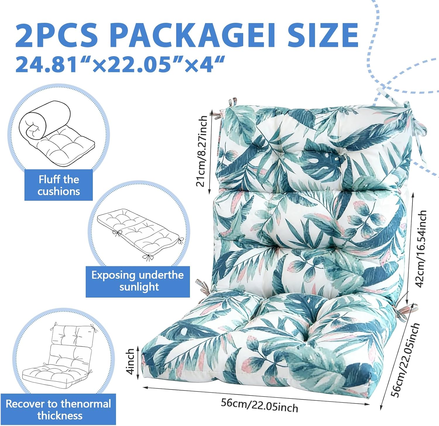 Outdoor Indoor High Back Patio Chair Cushions 22 * 22 in Tufted Outdoor with Ties, Seat Back Chair Cushion for Adirondack Rocking Patio Furniture-Leaves Style Set of 2