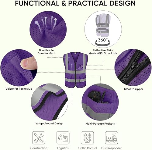 Vista 65 de TICONN Chaleco de seguridad reflectante de alta visibilidad clase II chaleco de malla para mujeres y hombres cumple con las normas ANSI Blanco
