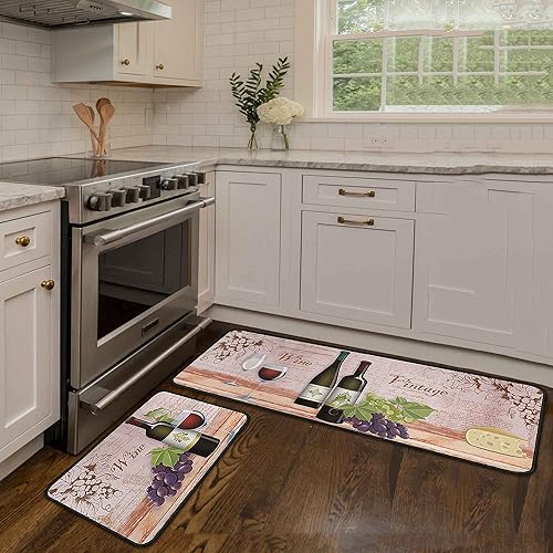 Miniatura 8 de Juego de 2 alfombras y tapetes de cocina de vino, antideslizantes, lavables, con parte trasera antideslizante, juego de 2 alfombras de cocina