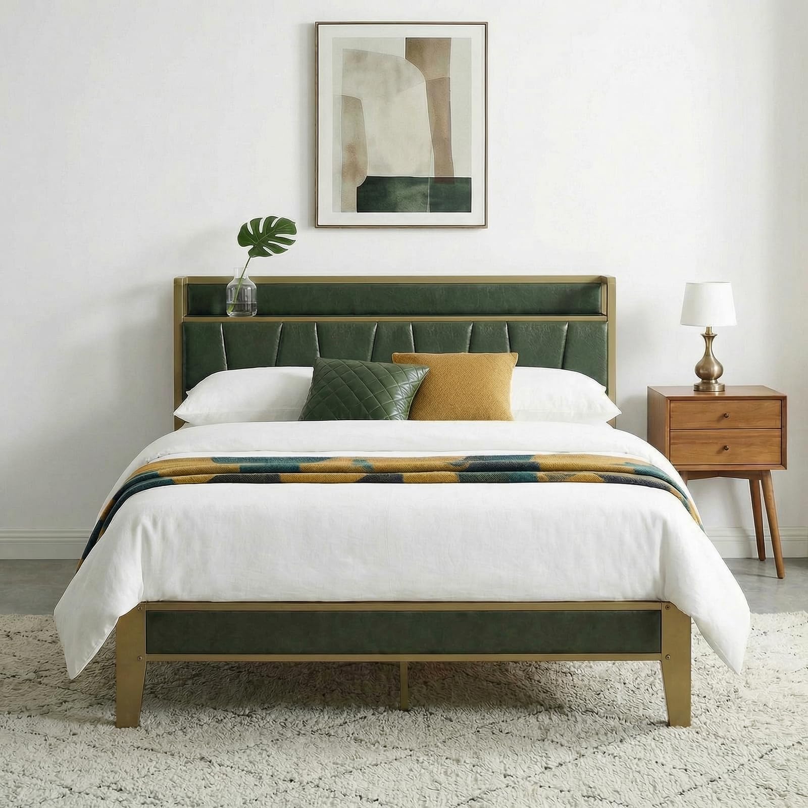 LIKIMIO Full Bed Frame, Storage Headboard with Charging Station, Solid and Stable, Noise Free, No Box Spring Needed, Easy Assembly (Dark Green)