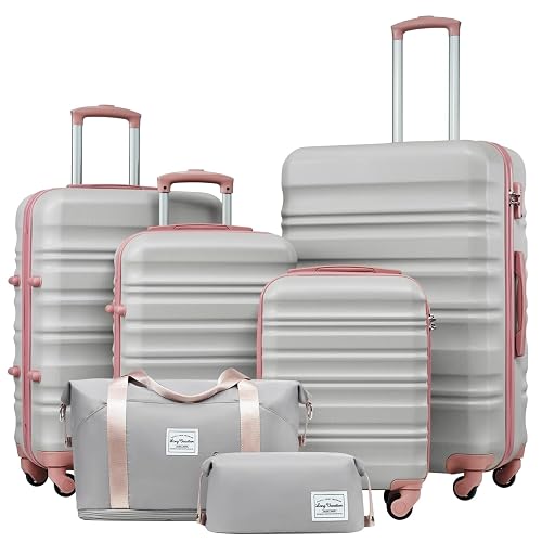 LONG VACATION Luggage Sets, 6 Piece, Hardshell Suitcase with Spinner Wheels | Family & Extended Travel Use, ABS+PC Lightweight Luggage with YKK Zipper, TSA Lock, Space-Saving Nested, Grey-Pink