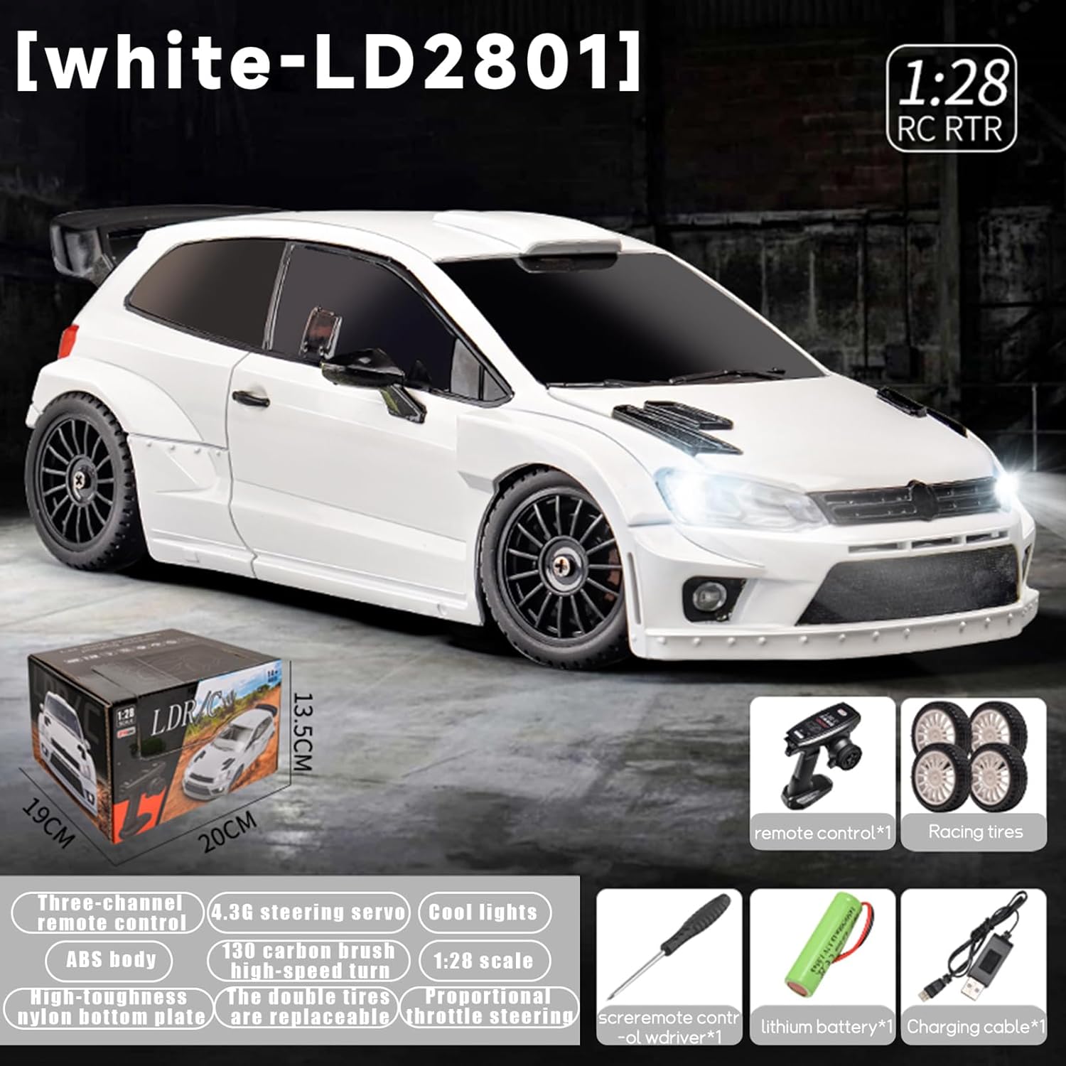 Image displaying the LD2801 RC car with key features and dimensions listed, including 1:28 scale, 4.3g steering servo, and proportional throttle steering.