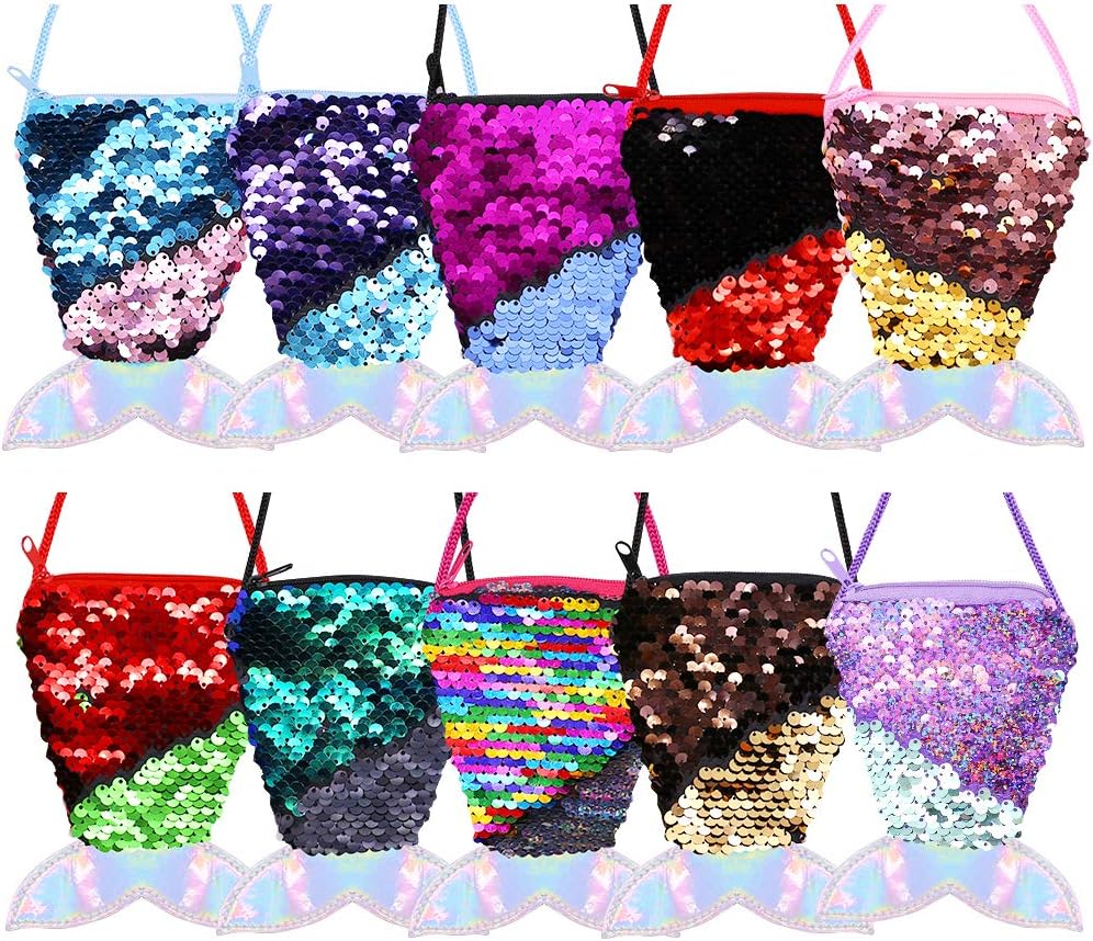LOVESTOWN Mermaid Sequin Purse, 10 Pcs Mermaid Tail Wallets Glitter Reversible Sequins Coin Purses for Kids Mermaid Party Favors