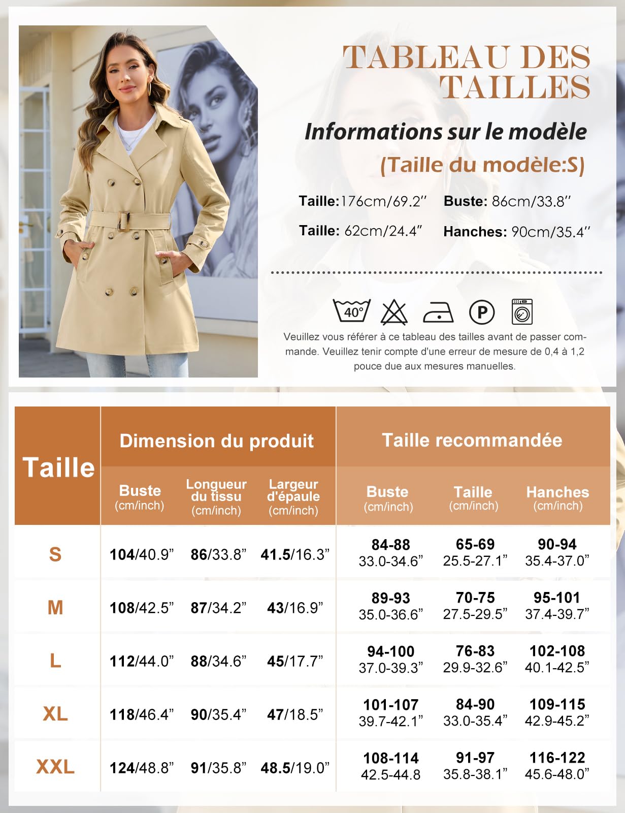 Tuopuda Trench-Coat Femme Double Boutonnage Manteaux imperméables Longues Col Rabattu Classique Coupe Vent Veste Léger Casual Ajustée Manteaux
