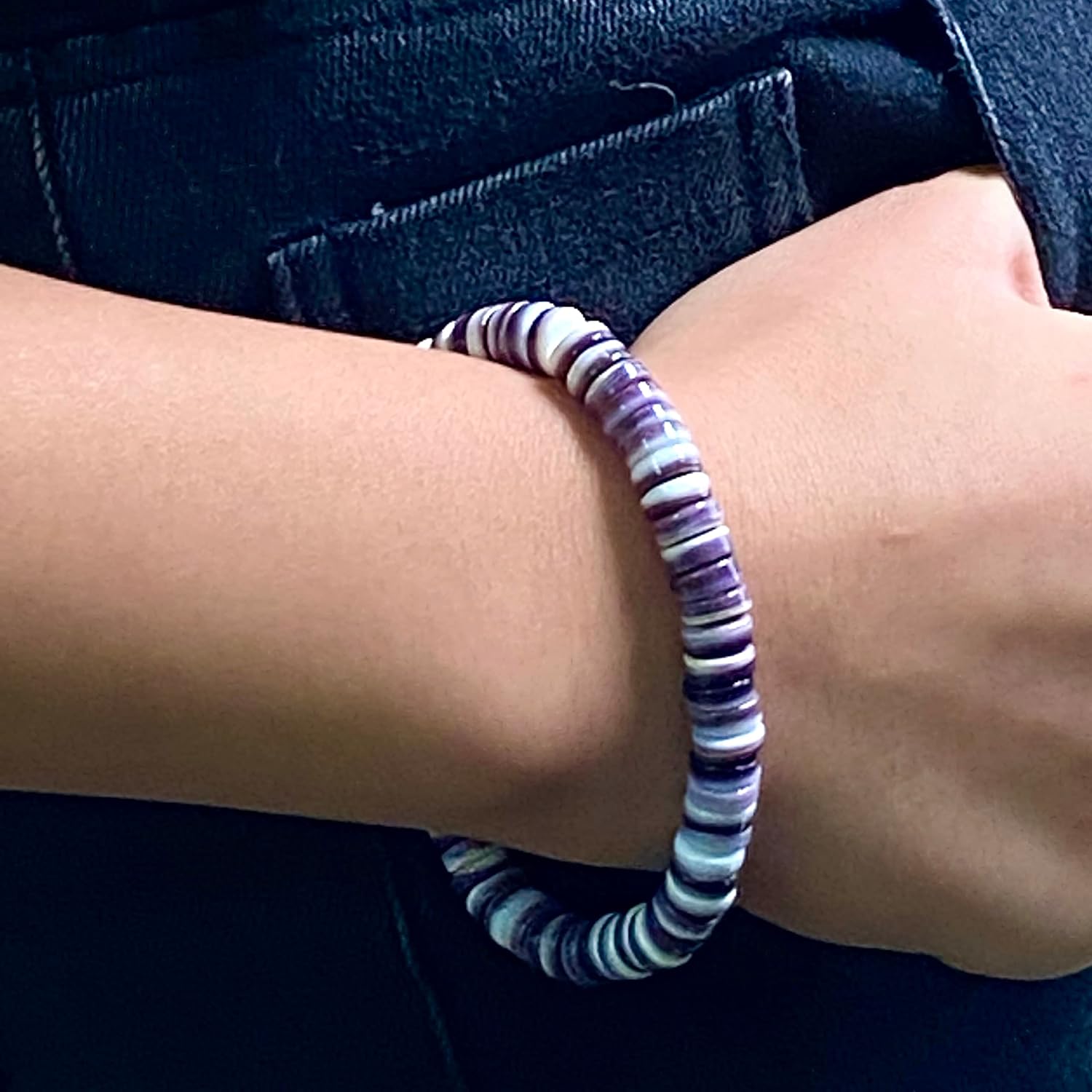 ABCGEMS Wampum Shell Beads Bracelet USA Authentic Quahog East Coast (America's First Currency 1637-1673) Ethically Sourced - Small Batch Production - Native American Style - Elastic 7" - Heishi 12mm
