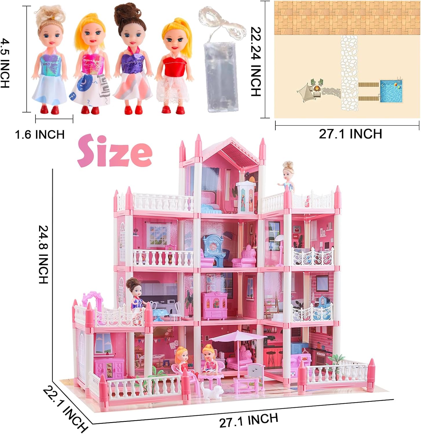 Large Doll House for Girls 3-12 Years Old 11 Rooms Dream Dollhouse with Lights, Play Mat, Dolls, Furniture & Rich Accessories, Perfect Birthday for Kids