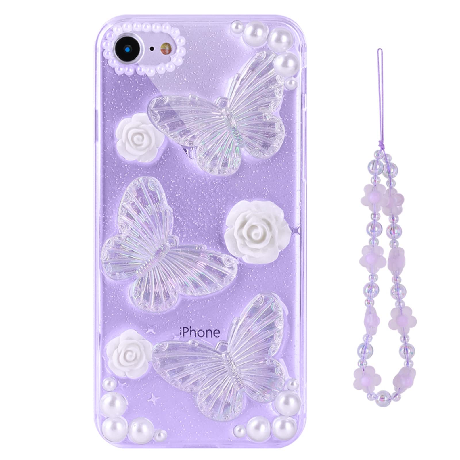 ZXCDINO Compatible with iPhone 8/7/SE/SE2 3D Kawaii Sticker Butterfly Floral Rose Pearl Design Aesthetic Women Cute Girly Glitter Pretty Crystal Sparkly Star Phone Cases Protective Cover+Lanyard