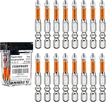 COMOWARE 2 Inch PH2 High Magnetic Impact Screwdriver Drill Bit Set, 21PCS, #2 Anti-Slip Phillips Bits, S2 Steel, Chrome Plated Driver Bit Set with CNC Magnetic Impact Bits for Power Drill