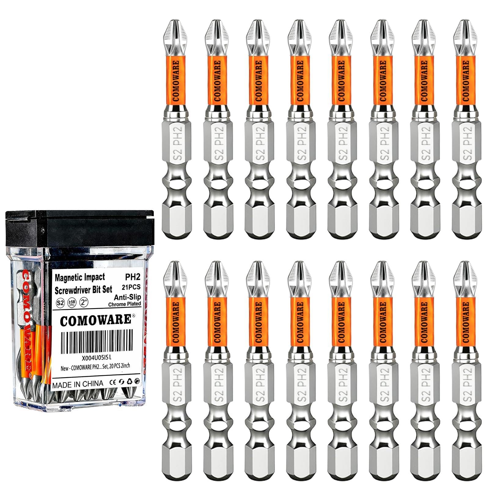 COMOWARE 2 Inch PH2 High Magnetic Impact Screwdriver Drill Bit Set, 21PCS, #2 Anti-Slip Phillips Bits, S2 Steel, Chrome Plated Driver Bit Set with CNC Magnetic Impact Bits for Power Drill