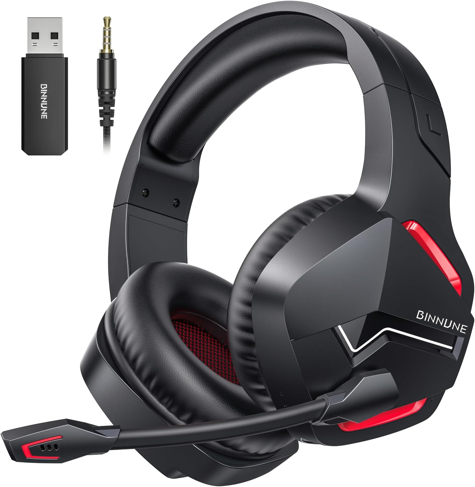 BINNUNE Wireless Gaming Headset with 2.4GHz for PS5, PS4, PC, Switch, FPS Gamers, 120Hrs+ Bluetooth 5.3 Gaming Headsets with Noise Canceling Mic, 50MM Headphones for Laptop, Mobile, Mac (Red)