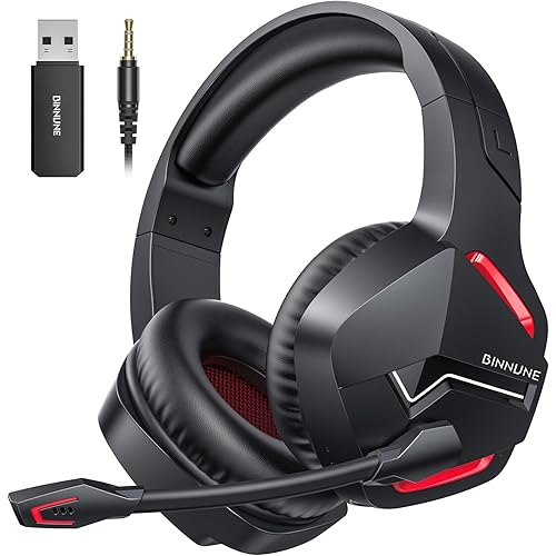 BINNUNE Wireless Gaming Headset with 2.4GHz for PS5, PS4, PC, Switch, FPS Gamers, 120Hrs+ Bluetooth 5.3 Gaming Headsets with Noise Canceling Mic, 50MM Headphones for Laptop, Mobile, Mac (Red)