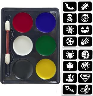 Makeup Kit for Kids, 6 Colors Makeup Palette with 1 Brush & 16 Stencils for Kids, Washable Body Paint for Carnival, Halloween, Kids Party - Non-Toxic