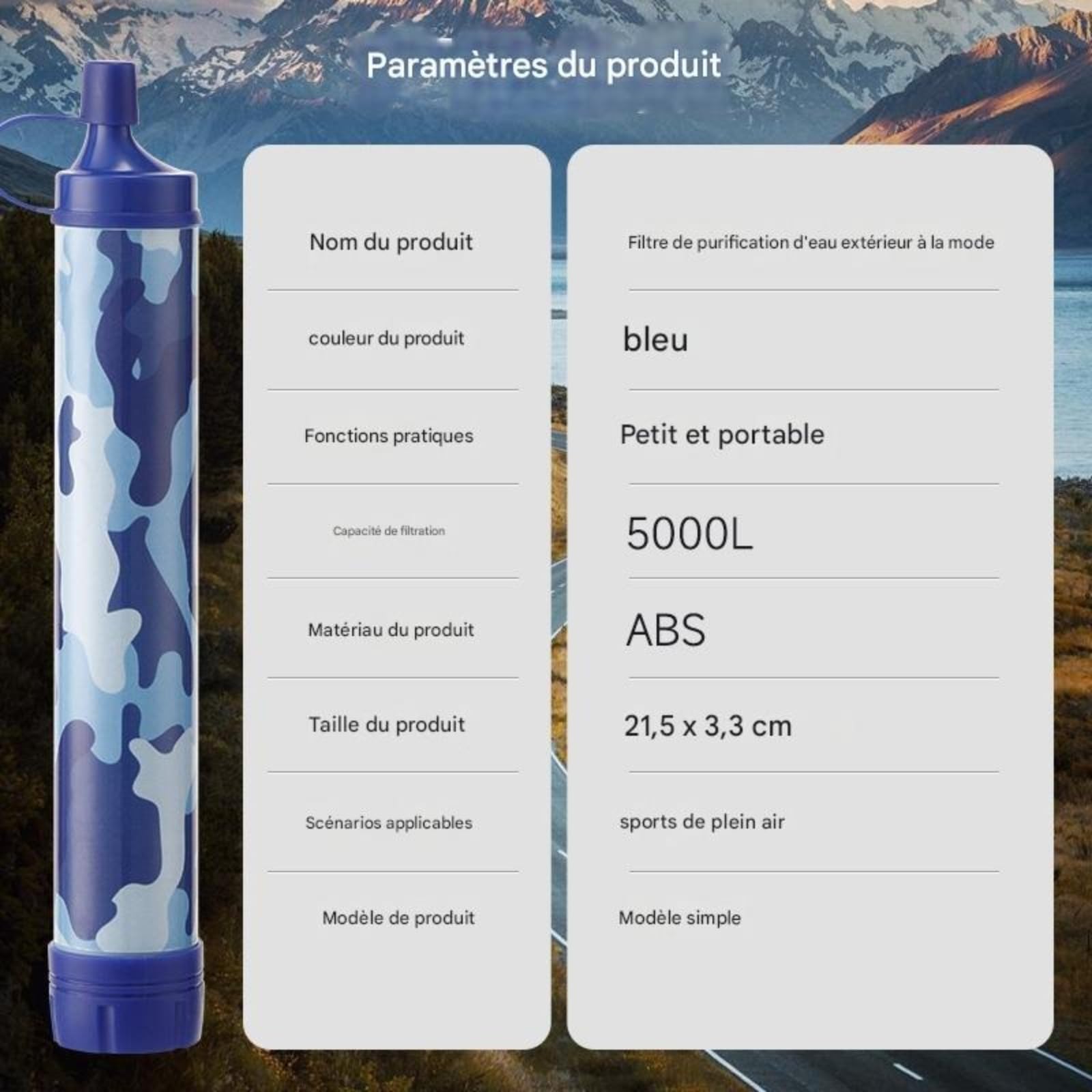 Filtro acqua portatile, cannuccia filtro per bere direttamente all'aperto, 5000 l, filtro impurità e acque reflue, accessorio indispensabile per idratarsi in piena natura, 1 unità
