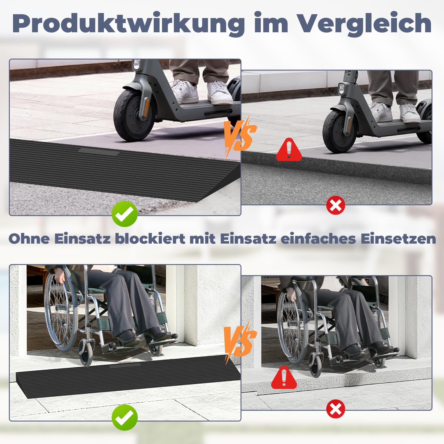 Türschwellenrampe,90x20x3.5cm Rollstuhlrampe aus Vollgummi bis 1,5t|Kürzbare & rutschfeste Auffahrrampe für Saugroboter,Rollator,Kinderwagen,Doppelseitigem Klebeband