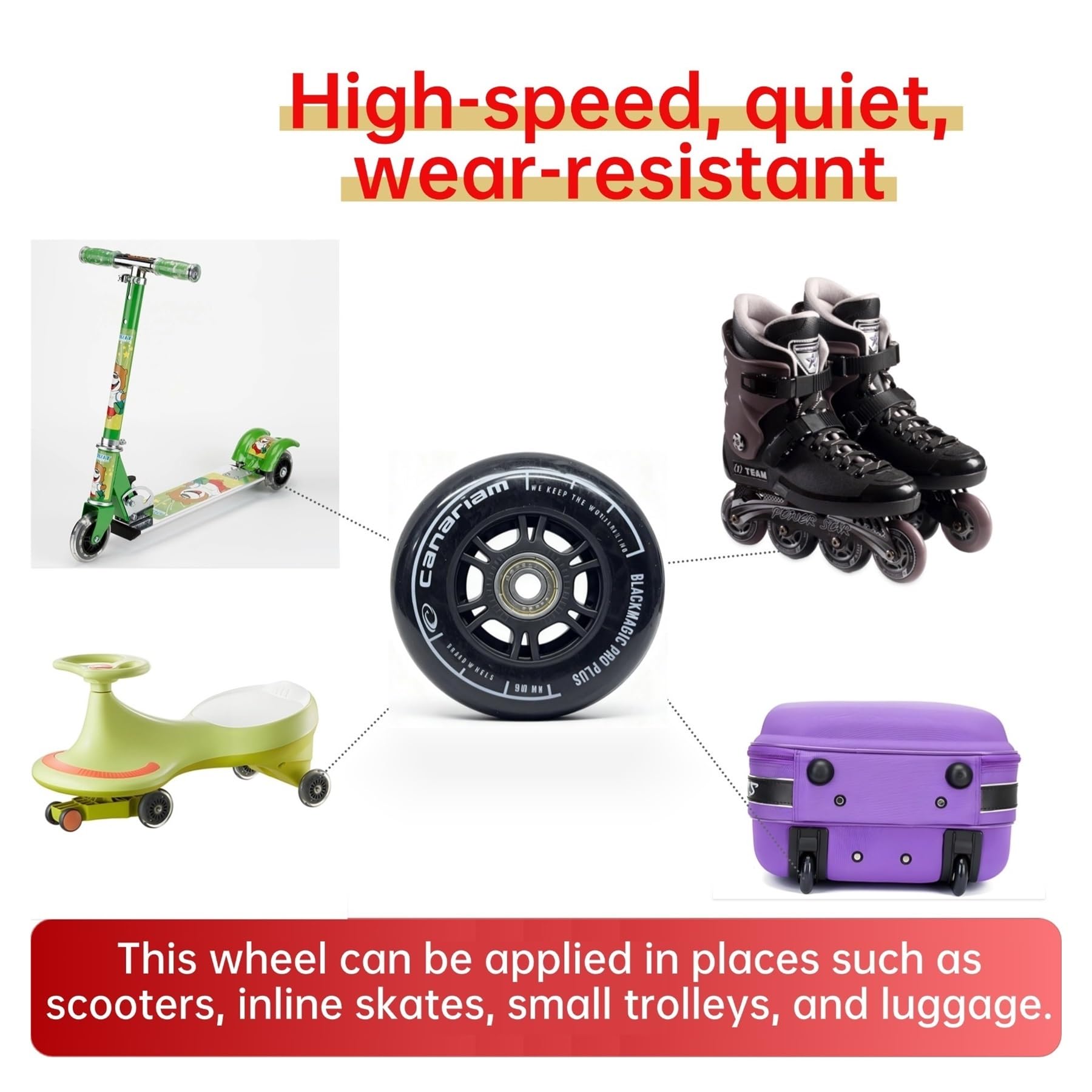 Lot de 8 roues universelles en polyuréthane de 90 mm pour patins à roues alignées, bagages, poussette avec roulements ABEC-7 608, 12 variantes de couleur, trou intérieur de 8 mm (doré)