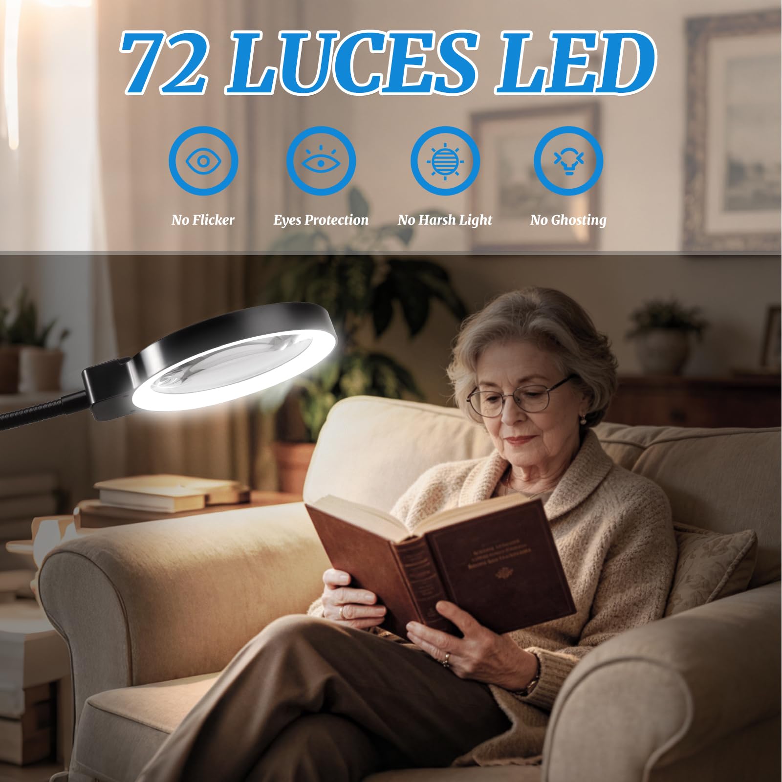Lupa con Luz 10X/30X Gran Aumento – Lupas de Gran Aumento con Luz con 72 Leds, Brazo Flexible 360°, Base USB, Lupa de Pie para Lectura, Manualidades y Reparación