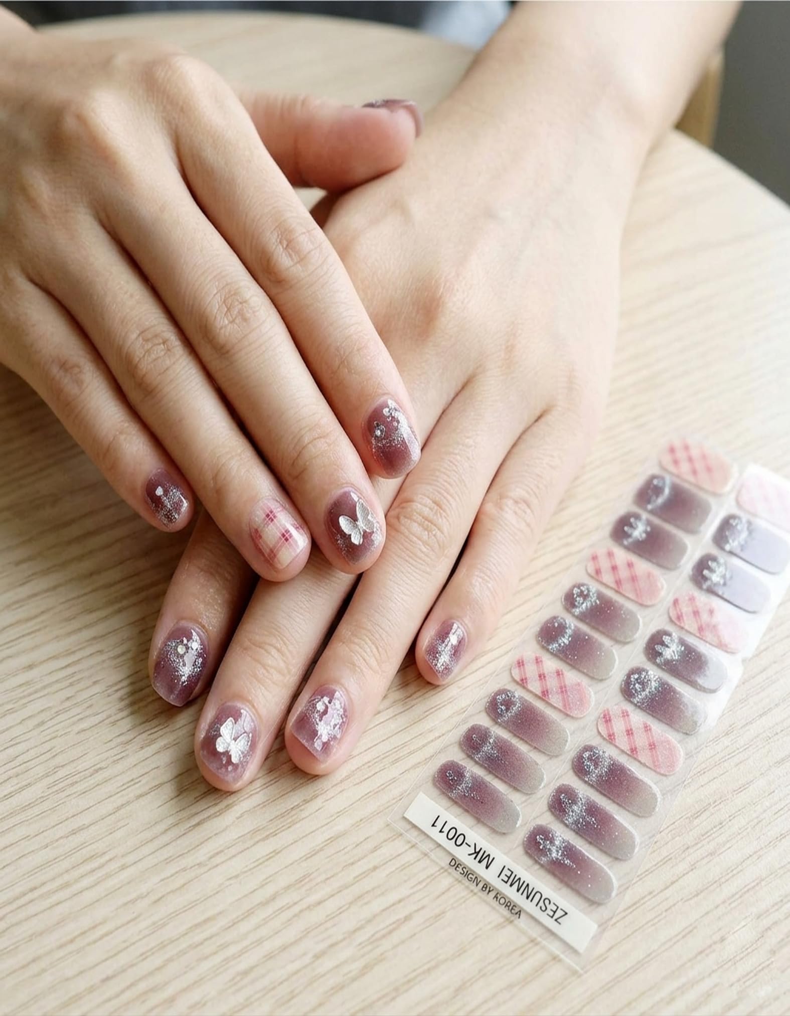 20 Tips Nail Stickers, Mauve and Pink Plaid Design with Butterfly and Glitter, Korean Style, Nail Art Wraps for Women, Girls & Female, Waterproof Self-Adhesive DIY Peel Off Sticker Decal MK-0011-image-6