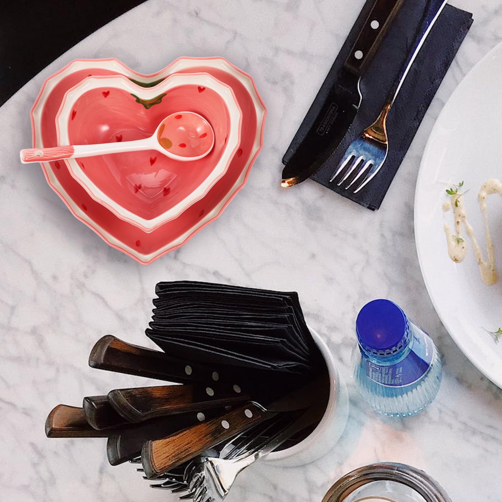 Assiette de Service Réutilisable en Céramique Rose Chic Bol à Salade Multifonction et Cuillère, Surface Lisse pour Rassemblements Quotidiens et Fêtes