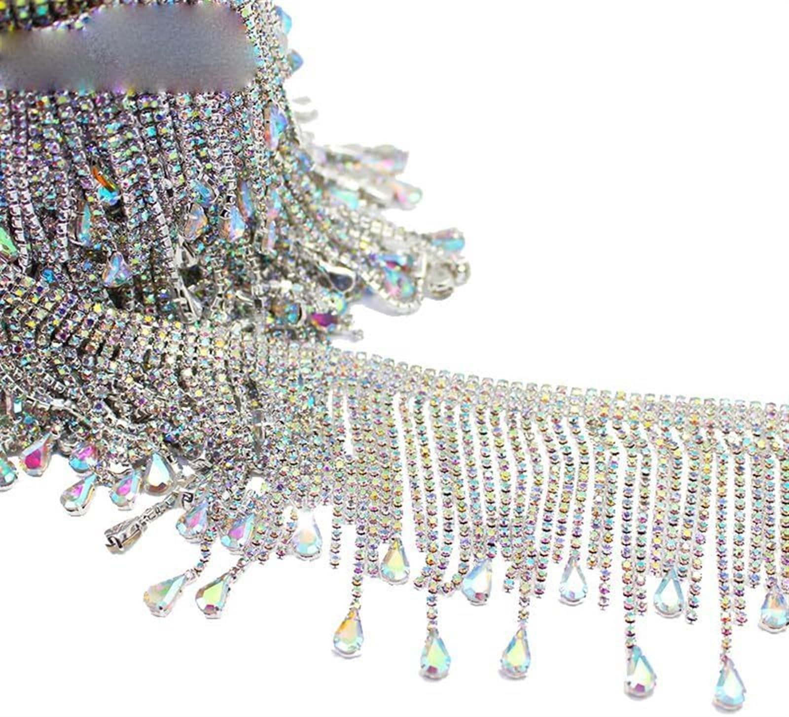 Finiture con frange, Artigianato da cucito, 2 metri di vetro fai da te Nappe con strass a goccia Catena di metallo Cristallo Oro AB Abito da ballo con frange Shinning Strass (Color : Gold) ( Color : A