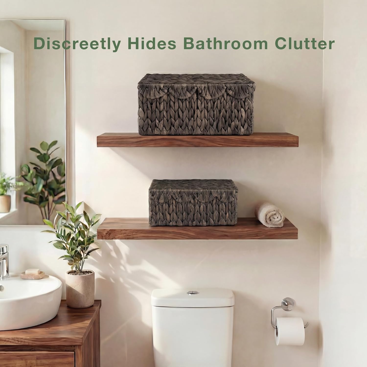 Set of 2 Scalloped Black Wicker Baskets with Lid