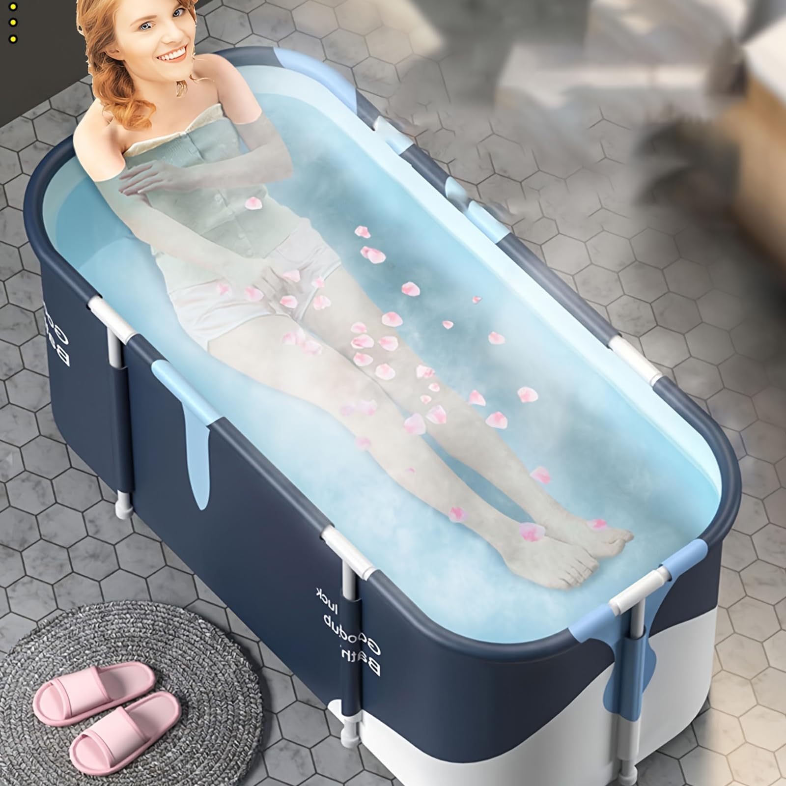 Bañera plegable de 140 cm, portátil, independiente, con aislamiento térmico y desagüe, para baño, ducha y camping, plegable