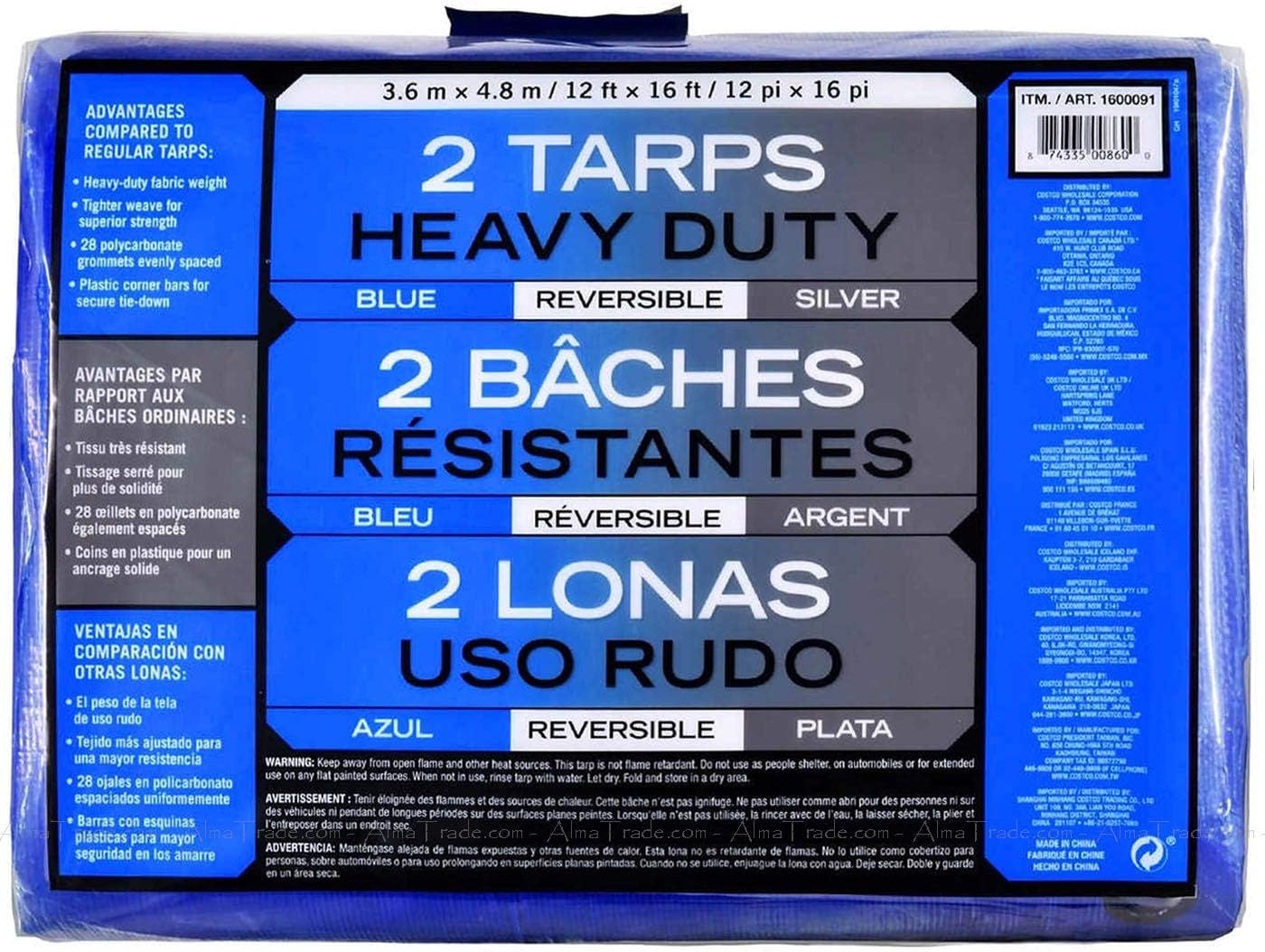 Costco Heavy Duty Reversible Tarps, Blue and Silver, 12' x 16' (2 Pack