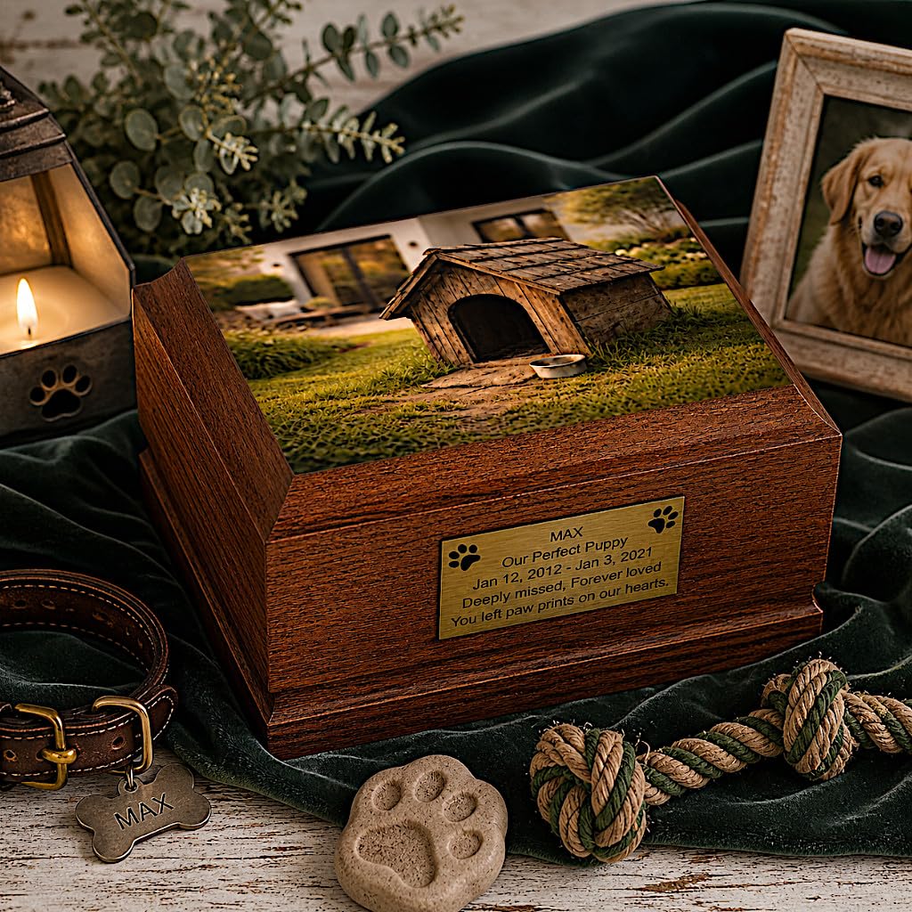 Wooden Dog Cremation Urn for Ashes – Pet Memorial Urn with Dog House Design