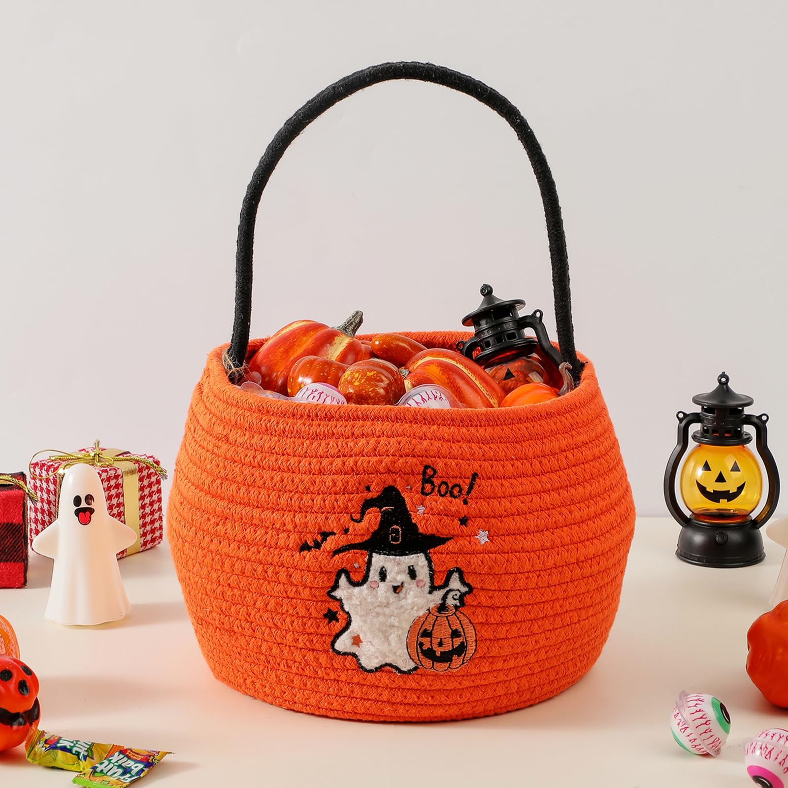 Personalized Halloween Basket With Names - Custom Trick Or Treat Cotton Rope Candy Bucket