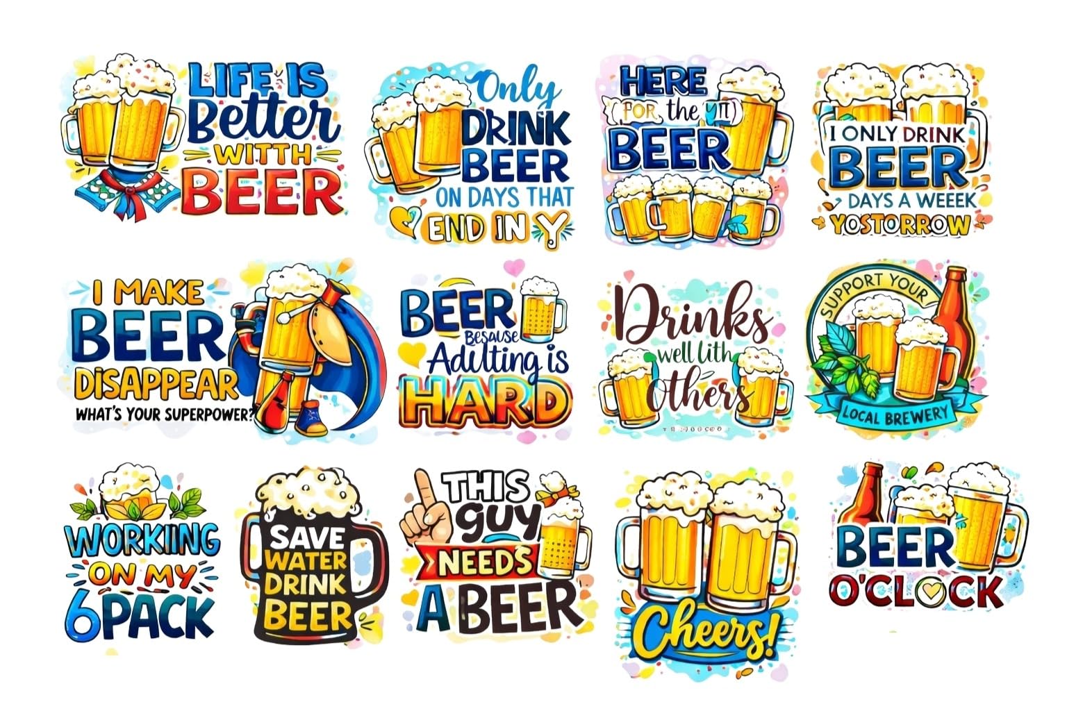 UV DTF Cup Wraps Transfer Stickers, 12 Pattern Beer Theme Waterproof Decals for Mug Glass Water Bottle, 2.5 Inch DIY Crafts for Notebook Luggage Laptop Car
