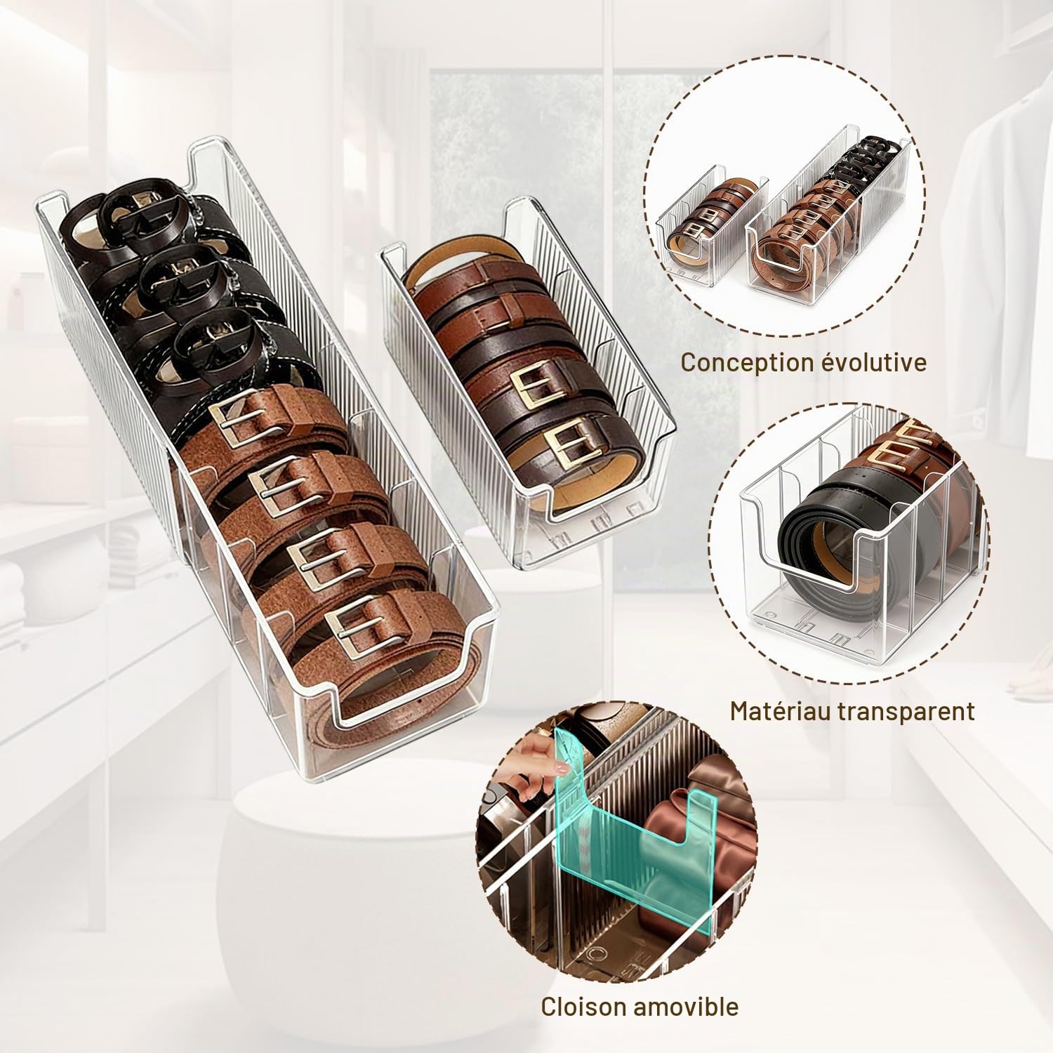 Range Ceinture, Organiseur de Ceinture en Acrylique Rétractable, Présentoir de Ceintures avec 6 Compartiments pour Montres Cravates Bijoux et Accessoires, Séparateurs Modulables