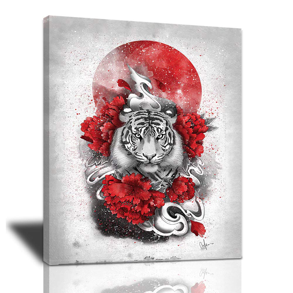 Black and White Red Tiger Canvas Wall Art Japanese Culture Wall Art Tiger Picture Wall Decor Motivational Posters Tiger King Flowers Painting Artworks Home Decor Framed for Living Room Bedroom Office