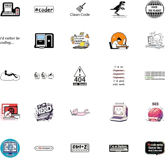 50 Pcs Programmer Stickers for Laptop, Water Bottles, Bicycle, Skateboard, Computer, Wall, Graffiti, Vinyl, Waterproof, Retro Tech, Cartoon, Outdoor