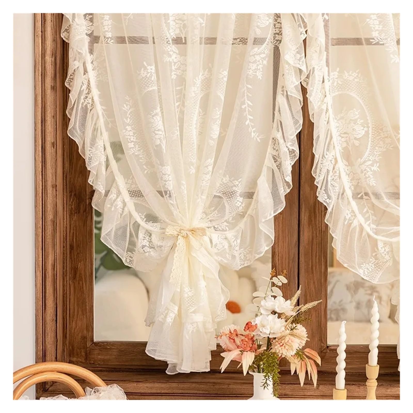 Gerüschte Vorhänge 1 PC Französisch Stil Rüschen Spitze Tüll Vorhang mit Kirschen Amerikanischen Retro Weiß Voile Sheer Vorhänge for Wohnzimmer Schlafzimmer(ROD POCKET PROCESS_W100 X H180CM 1PIECE)