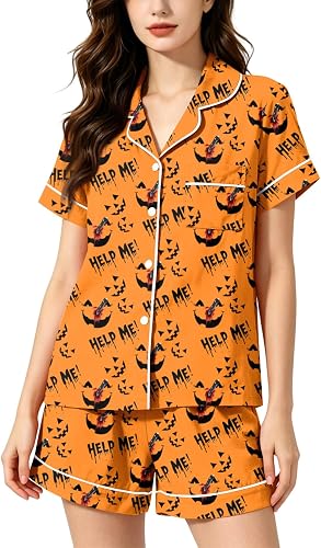 Coal2ToalPW Halloween Pajamas Women Pumpkin Ghost Print Lightweight Collared But