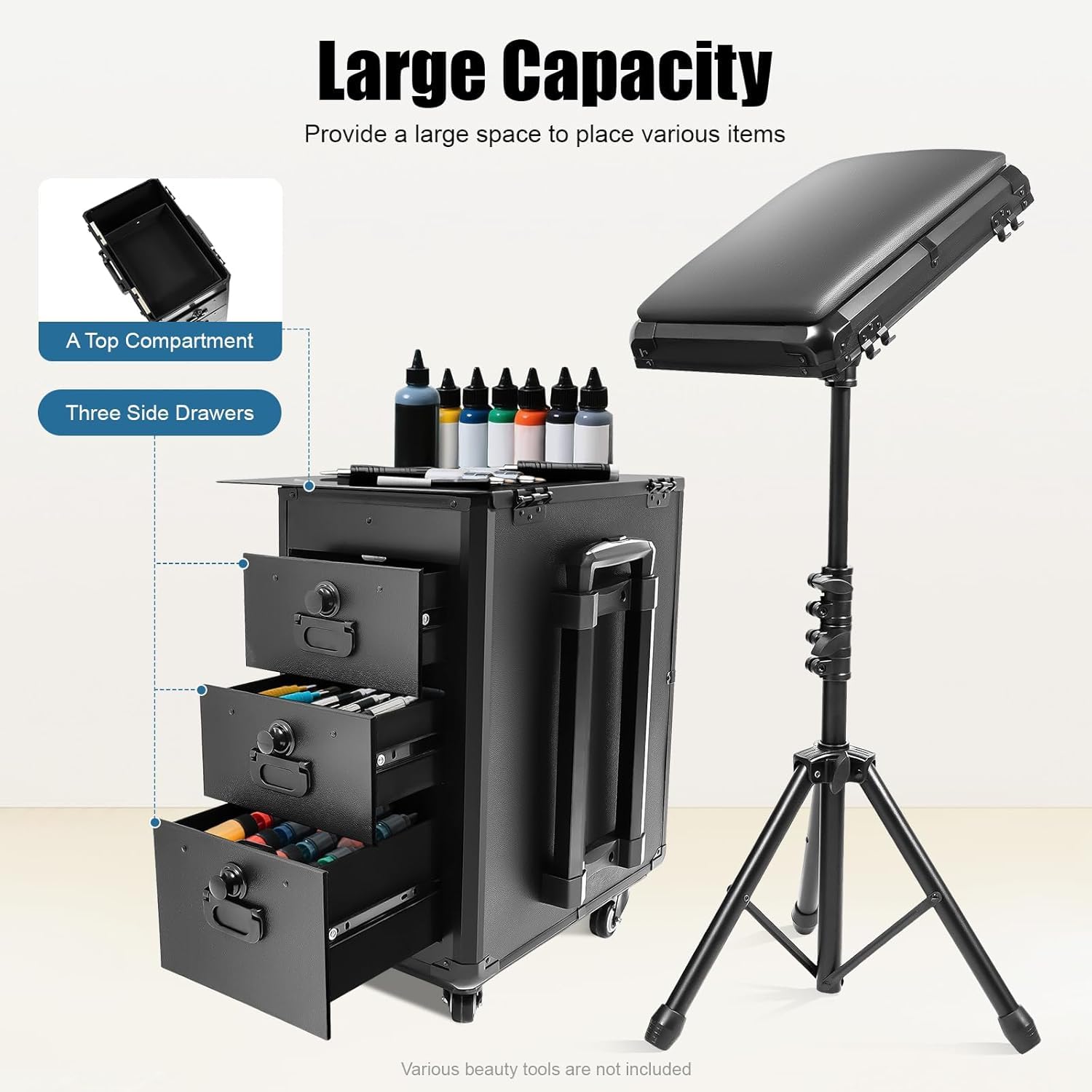 Futchoy 2 in 1 Kosmetikkoffer Trolley mit Armlehnenständer,Schminkkoffer Nagelkoffer mit Rollen,Tattoo-Station Koffer 3 Schubladen,Make-up Koffer für Tattoo, Beauty-Werkzeuge, Schwarz (Acrylplatten)