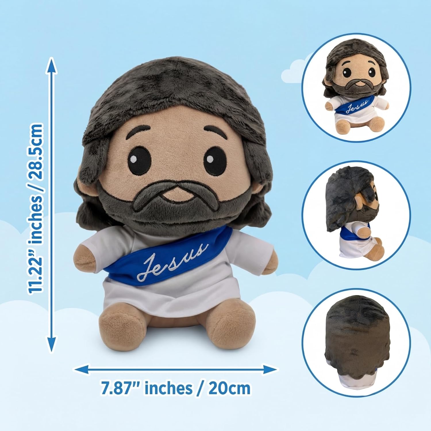 Jesus Plush Doll | Soft Stuffed Jesus Plush with Embroidered Details for Comfort, Gifting, & Christian Home Display | Cuddly Seated Design | 11.22 Inch (Blue)